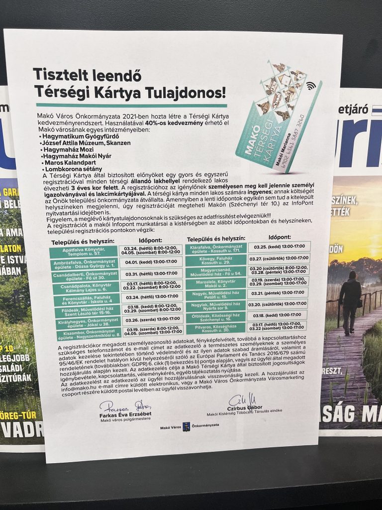 makói térségi kártya, átvételi időpontok