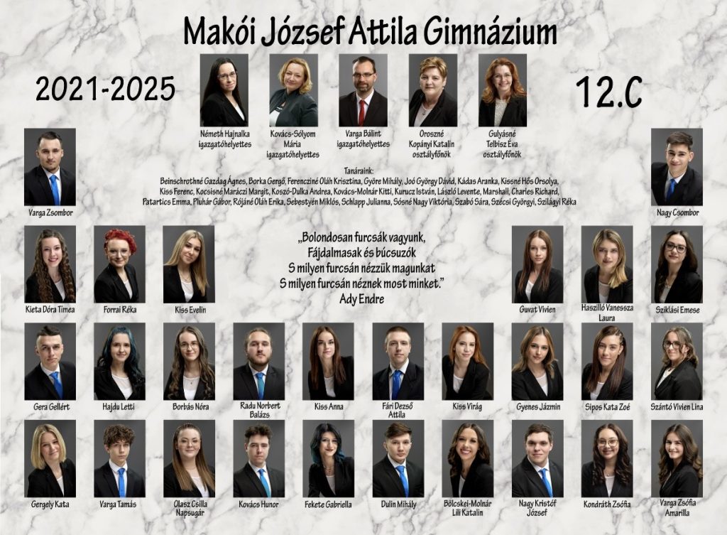 József Attila Gimnázium, Makó, 12.c, végzős osztály tablója, forrás: József Attila Gimnázium facebook-oldala